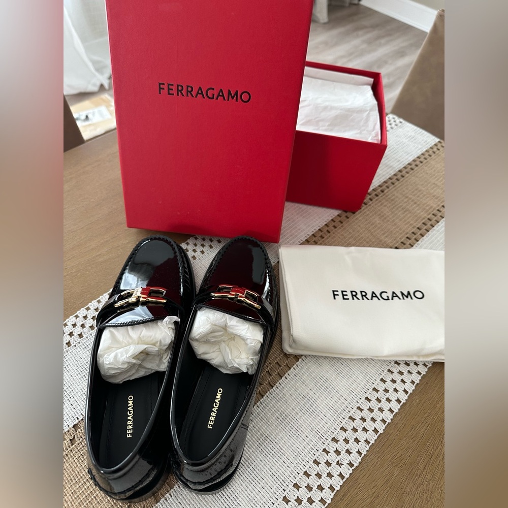 Ferragamo Black Patent Maryan Loafers